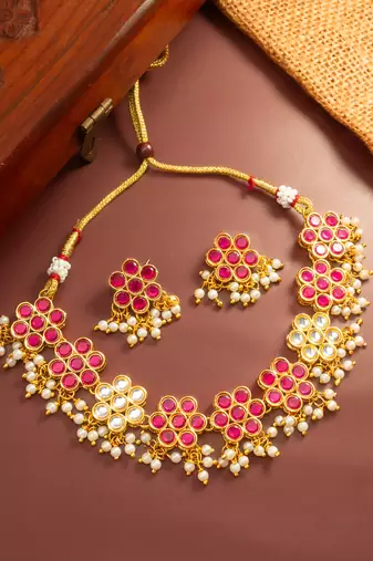 Pink floral kundan necklace earring set