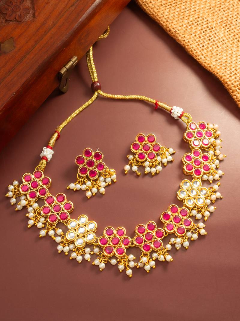 Pink floral kundan necklace earring set