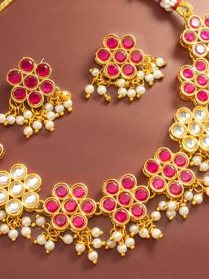 Pink floral kundan necklace earring set 2
