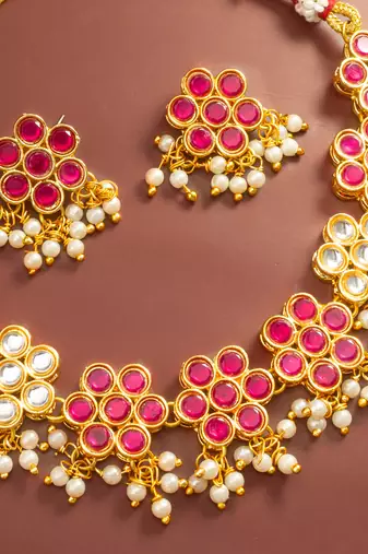 Pink floral kundan necklace earring set