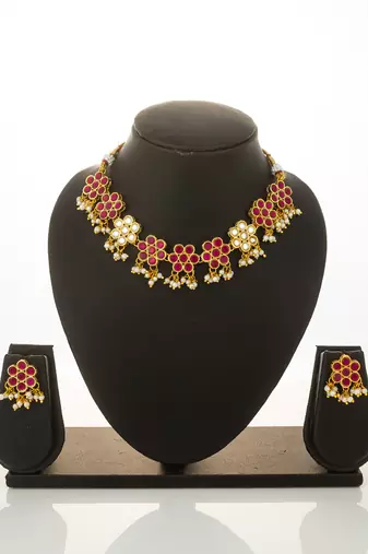 Pink floral kundan necklace earring set