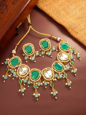 Green white stone necklace earring set 1