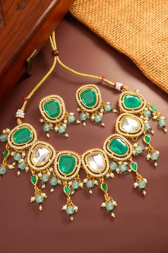 Green white stone necklace earring set