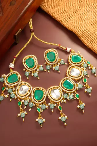 Green white stone necklace earring set
