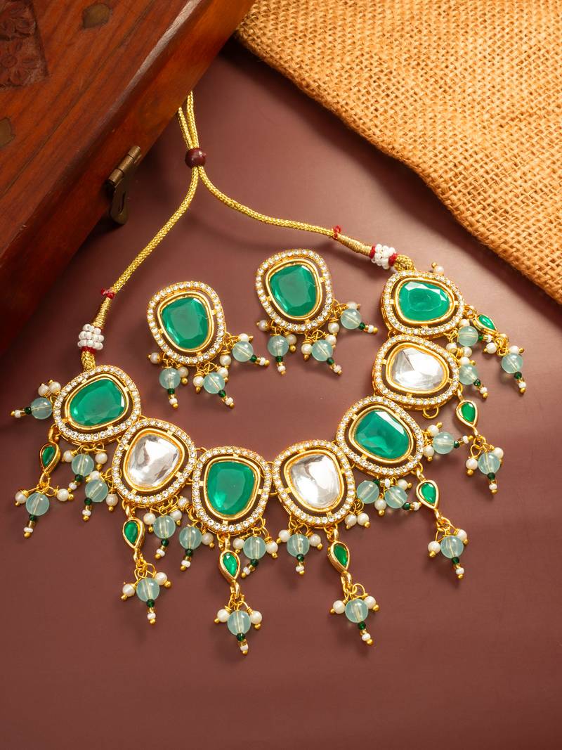 Green white stone necklace earring set