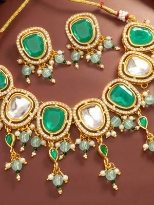 Green white stone necklace earring set 2
