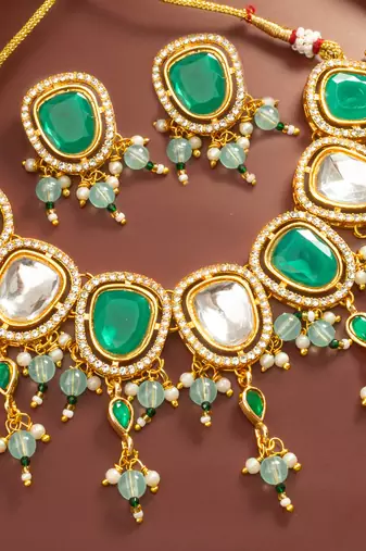 Green white stone necklace earring set