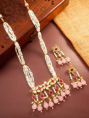 Ruby pearl long necklace earring set 1