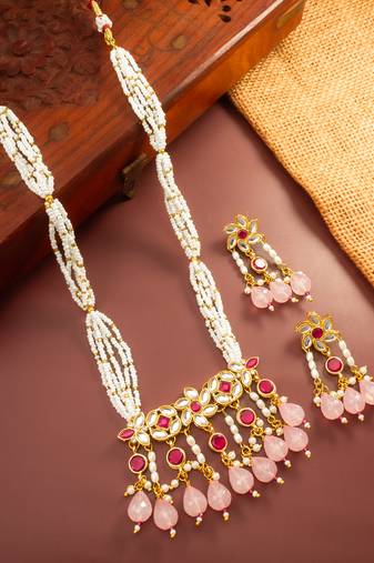 Ruby pearl long necklace earring set