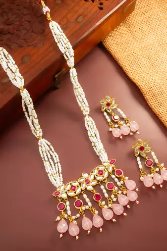 Ruby pearl long necklace earring set
