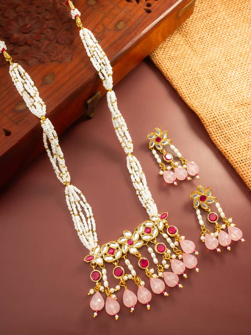 Ruby pearl long necklace earring set