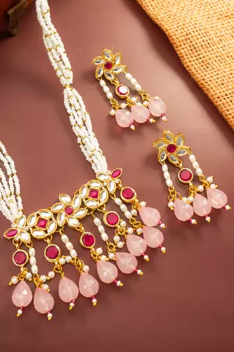Ruby pearl long necklace earring set