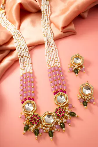Pink green kundan long necklace set