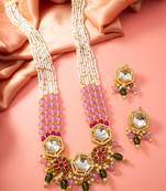 Pink green kundan long necklace set