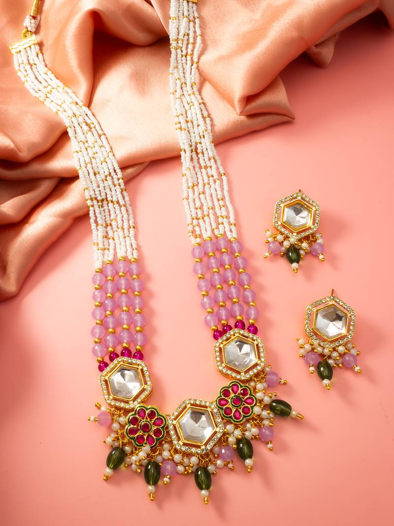 Pink green kundan long necklace set