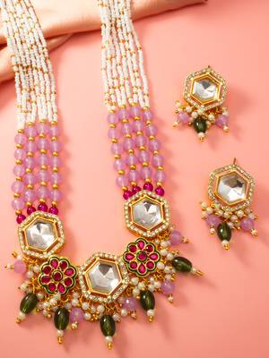 Pink green kundan long necklace set 2