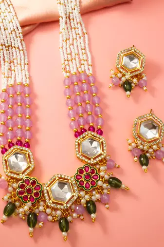 Pink green kundan long necklace set
