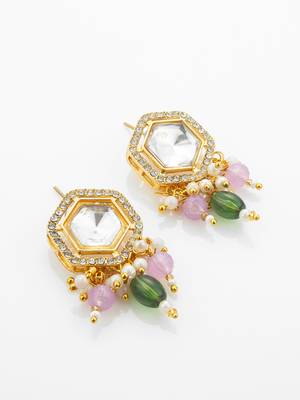 Pink green kundan long necklace set 3