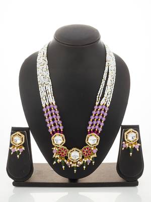 Pink green kundan long necklace set 4