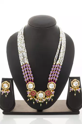 Pink green kundan long necklace set