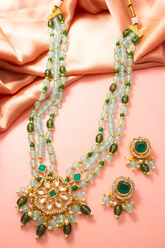 Green bead kundan necklace earring set