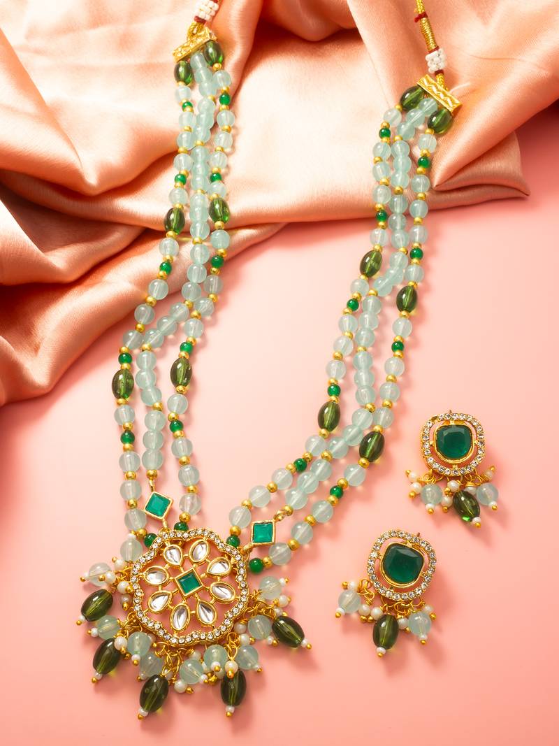 Green bead kundan necklace earring set