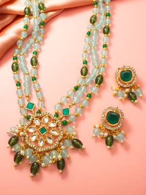 Green bead kundan necklace earring set 2