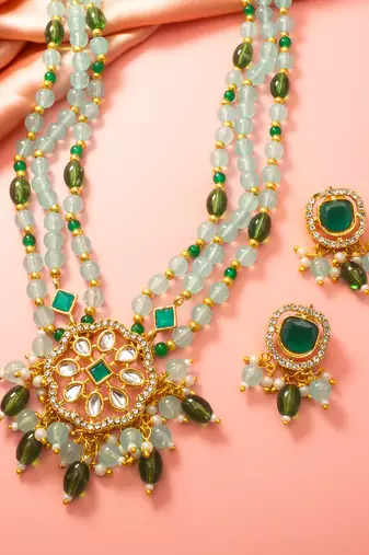 Green bead kundan necklace earring set