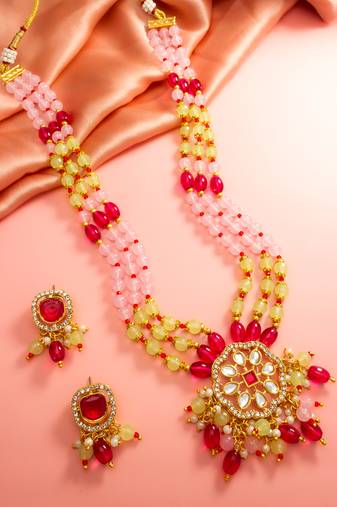 Pink yellow bead kundan necklace set