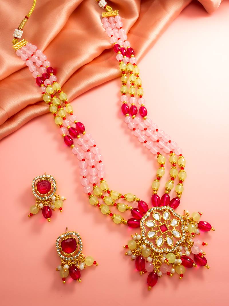 Pink yellow bead kundan necklace set