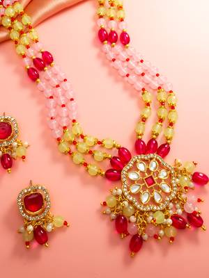 Pink yellow bead kundan necklace set 2