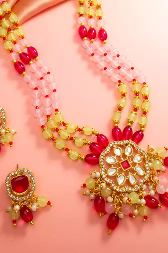 Pink yellow bead kundan necklace set