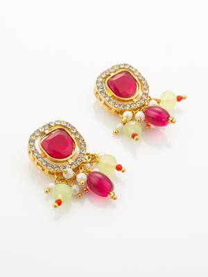 Pink yellow bead kundan necklace set 3