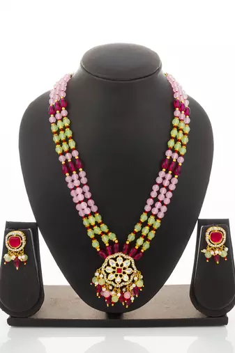 Pink yellow bead kundan necklace set