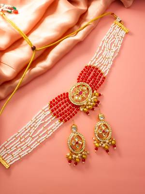 Red white bead kundan choker set 1