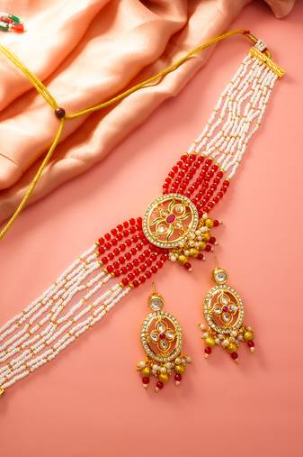Red white bead kundan choker set
