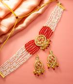 Red white bead kundan choker set