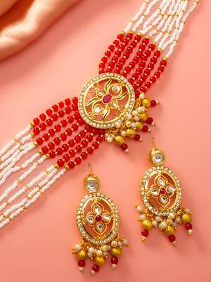 Red white bead kundan choker set 2
