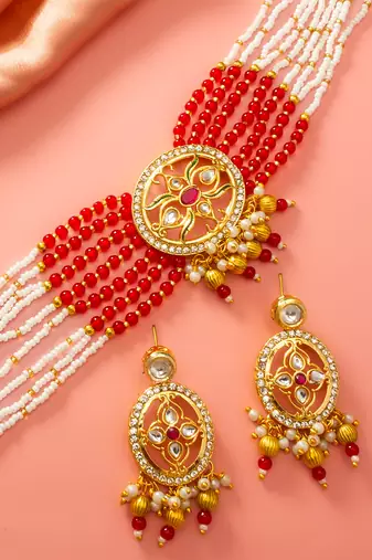Red white bead kundan choker set
