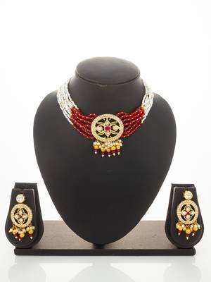 Red white bead kundan choker set 4