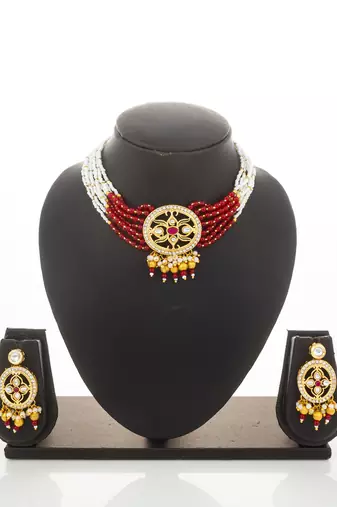 Red white bead kundan choker set