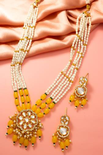 Yellow pearl kundan long necklace set