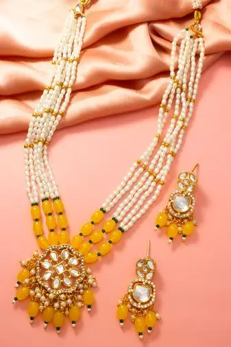 Yellow pearl kundan long necklace set