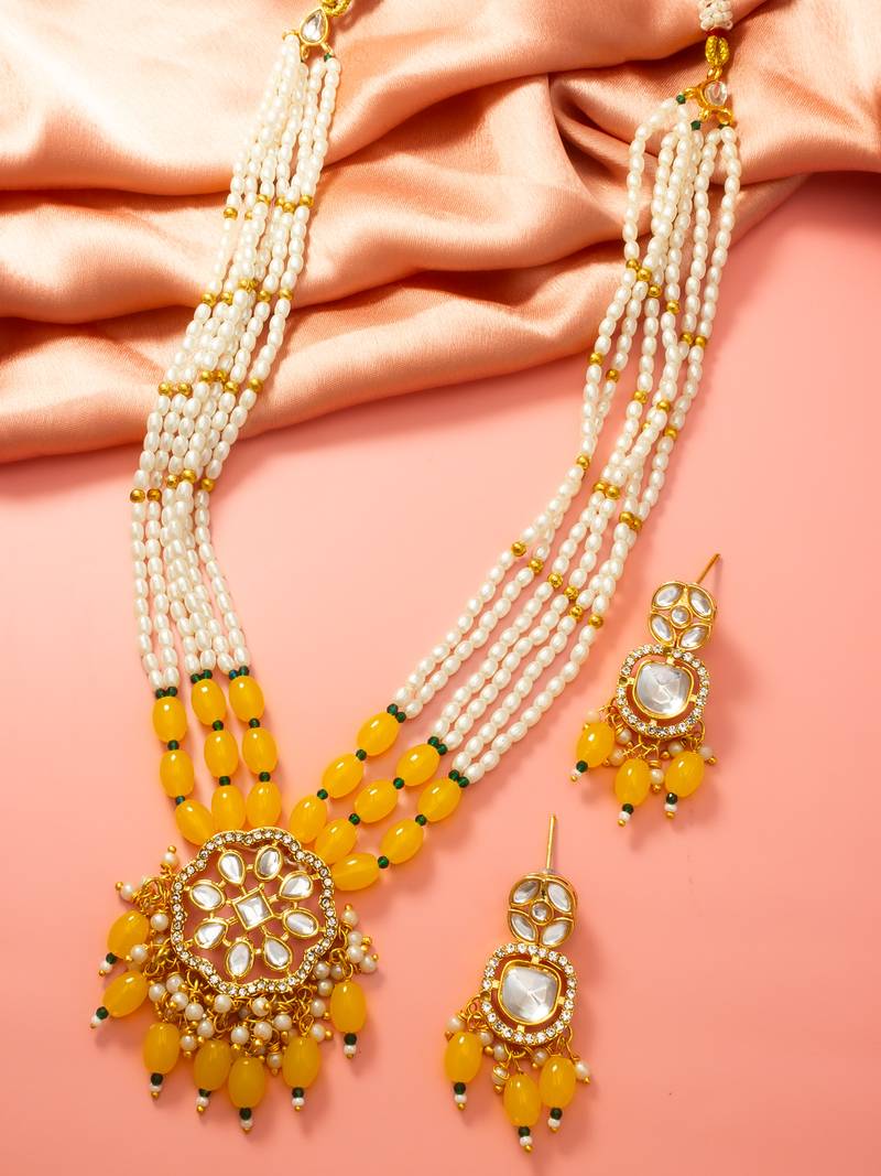 Yellow pearl kundan long necklace set