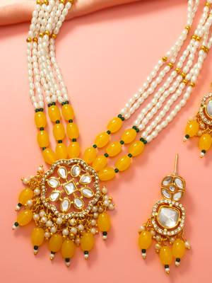 Yellow pearl kundan long necklace set 2