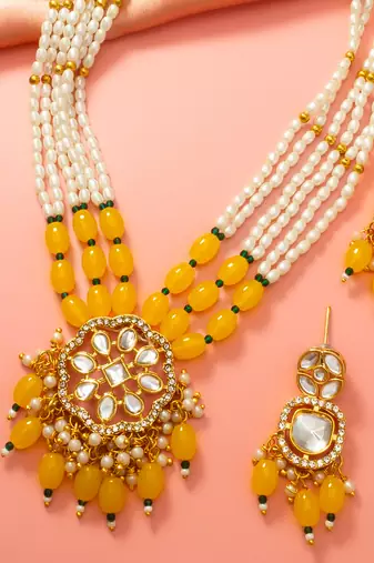 Yellow pearl kundan long necklace set