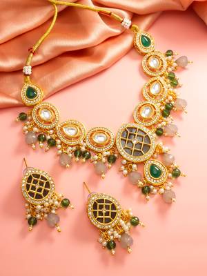 Green grey bead necklace earring set 1