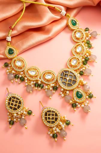 Green grey bead necklace earring set