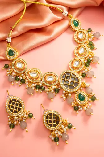 Green grey bead necklace earring set
