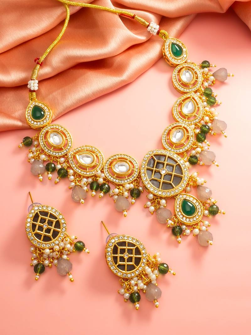 Green grey bead necklace earring set